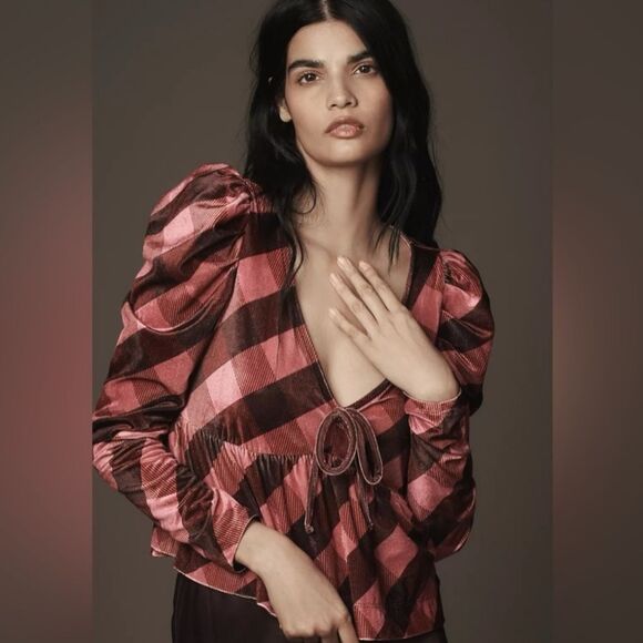 NWT Anthropology Velvet Plaid V Neck Babydoll Bow Long Sleeve Top Large - Picture 8 of 8